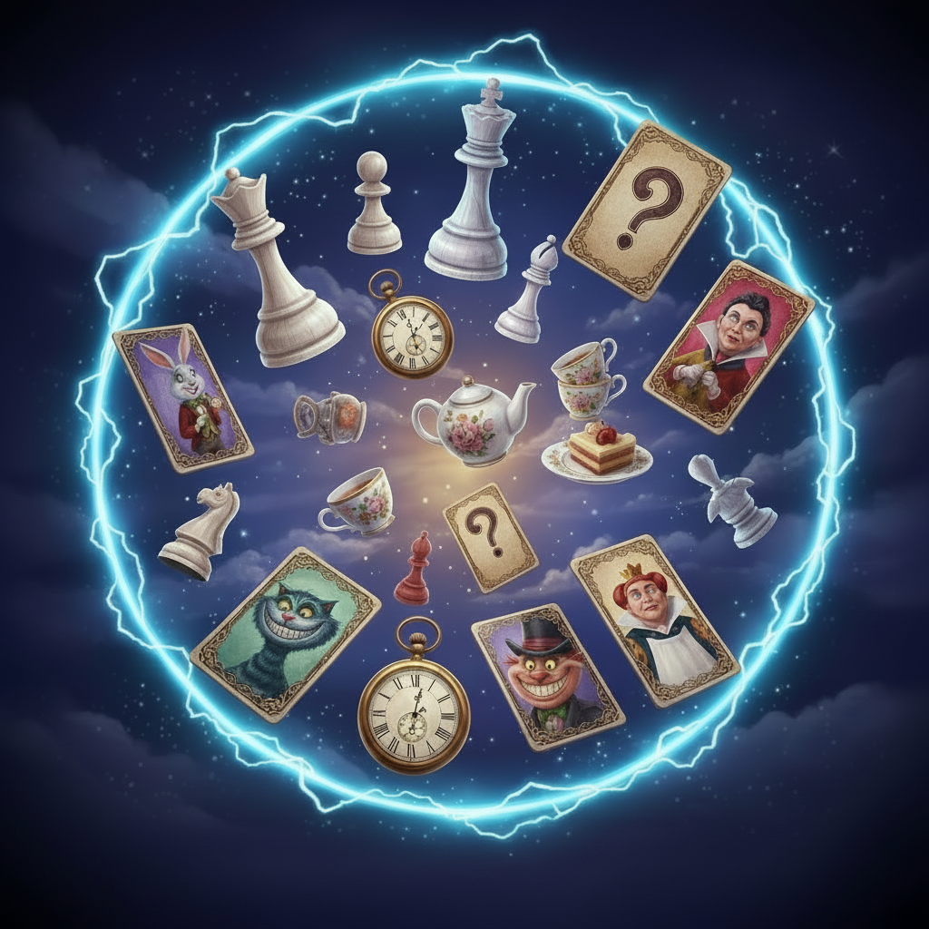 Players flipping tiles and cooperatively searching for an exit from the Looking Glass realm