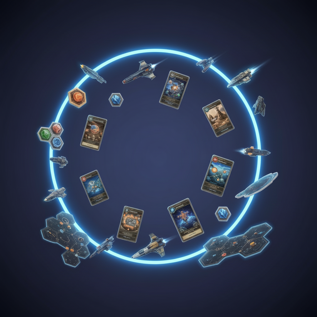 Galaxy map, trade goods and cargo ship miniatures from Trade Routes of the Galaxy.