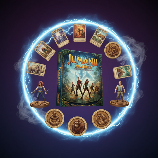 Jungle board, hazard cards and custom dice on the table