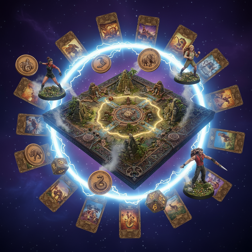 Board game setup with characters and cards on a dark blue background