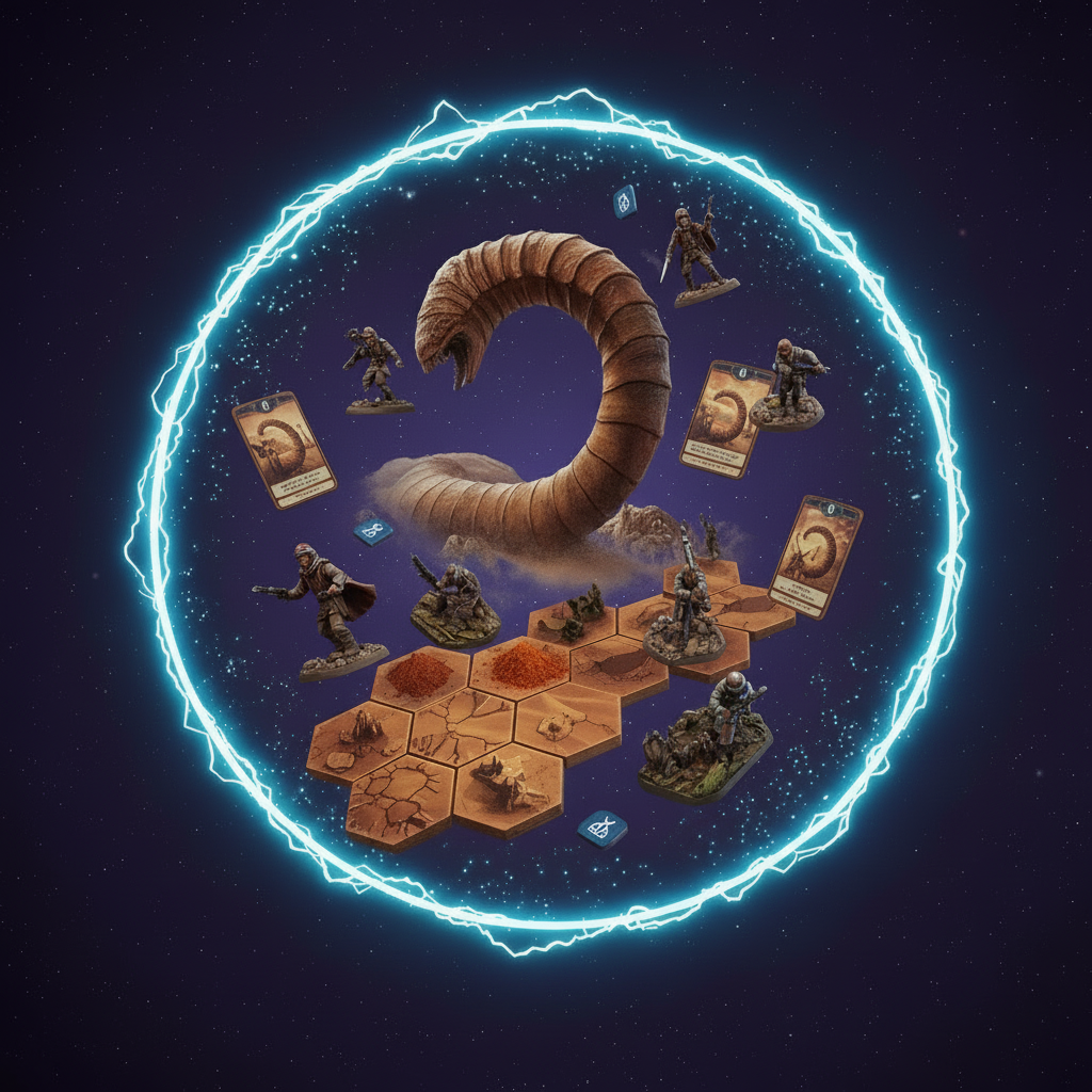 Spice tokens, cards and desert terrain tiles from Fremen Uprising