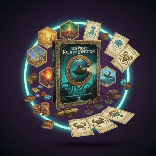 Ocean tiles, crew boards and discovery cards arranged for play.