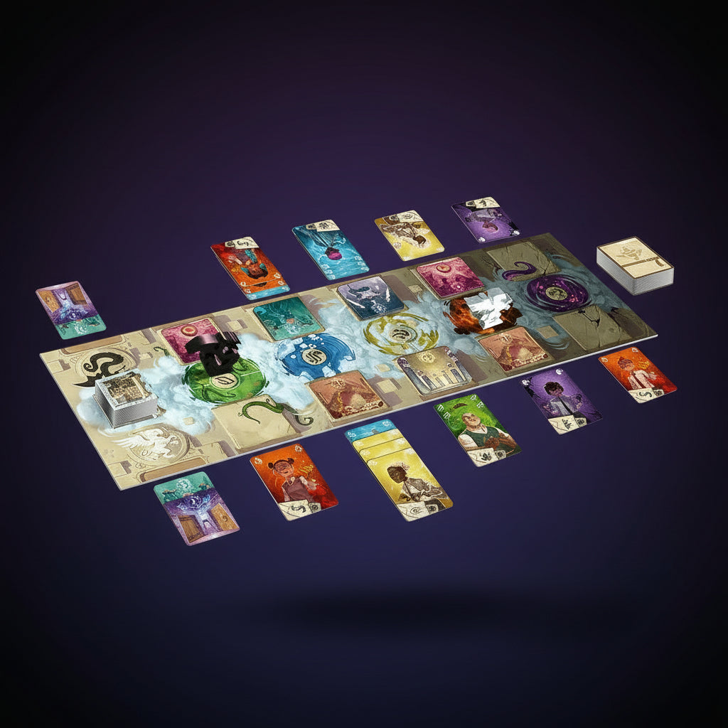 Board game setup with cards and pieces on a dark background
