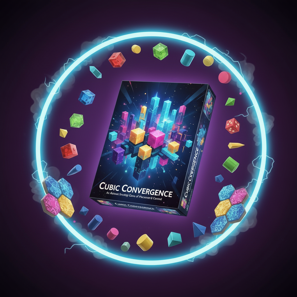 Cubic Convergence game box surrounded by colorful geometric shapes on a dark background