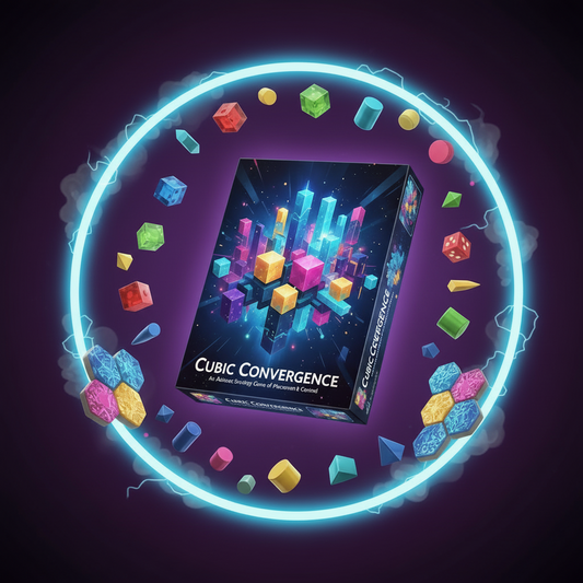 Cubic Convergence game box surrounded by colorful geometric shapes on a dark background