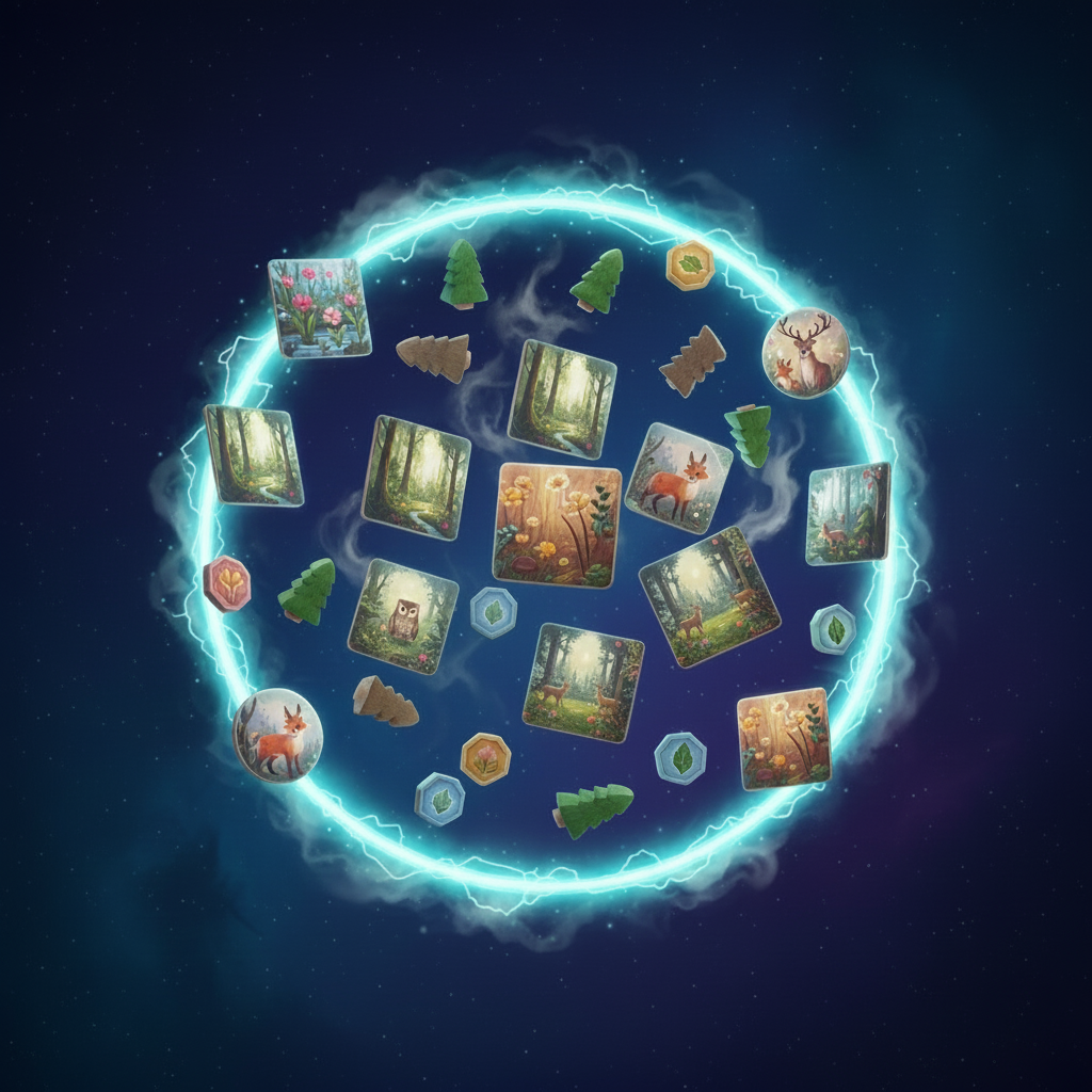 Circular arrangement of game cards titled 'The Forest Keepers' on a dark background