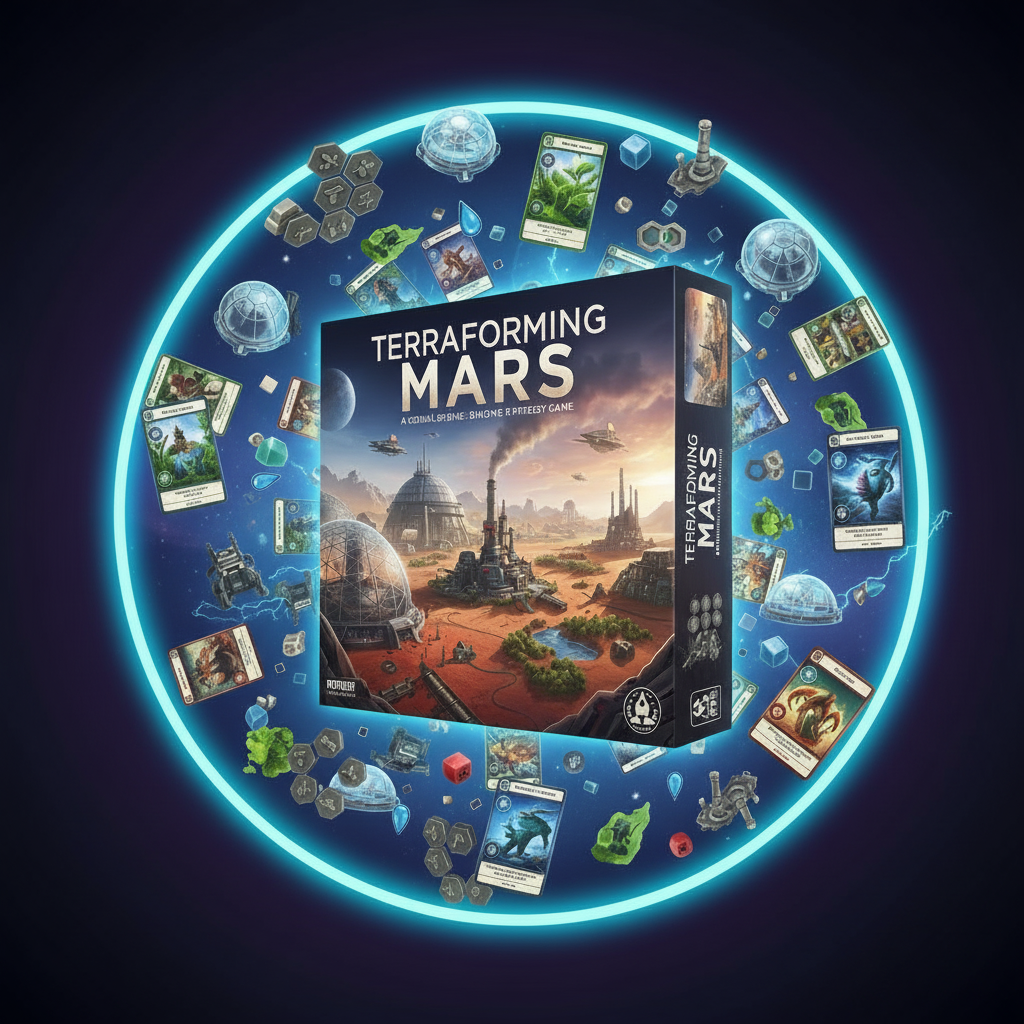Core board, project cards and resource cubes from Terraforming Mars: The Core