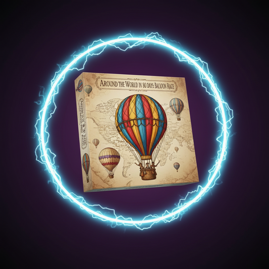 Around the World in 80 Days: Balloon Race box with vintage globe and hot-air balloons