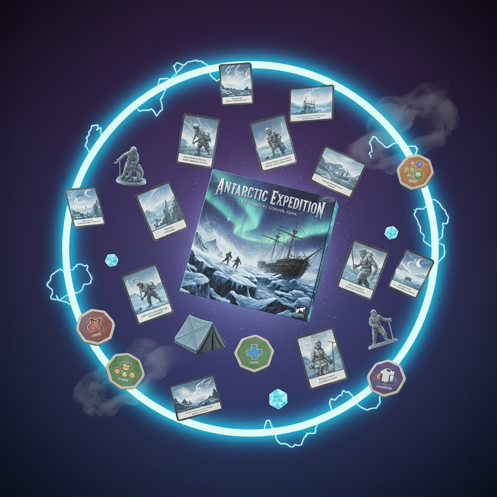 Board game setup with cards and pieces on a dark space-themed background