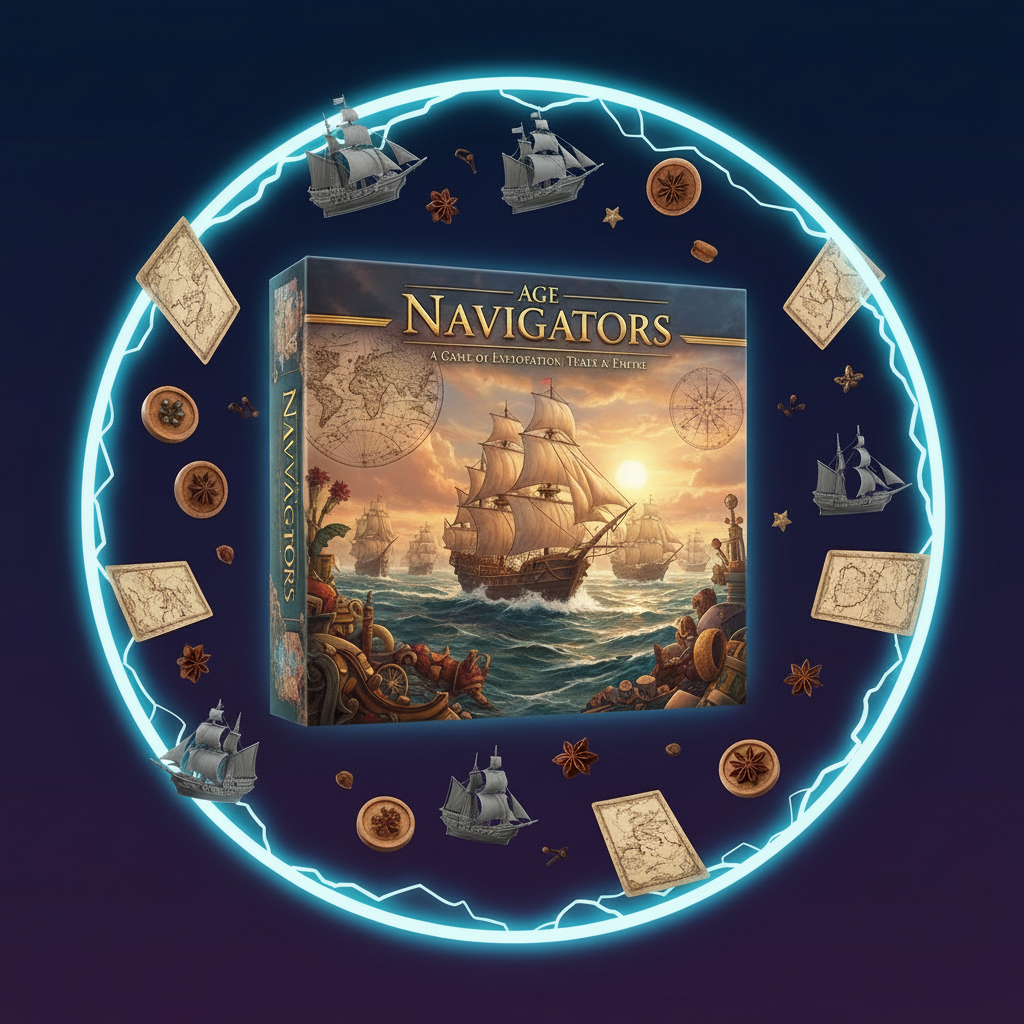 Wooden ships, modular map and trade goods from Age of Navigators.