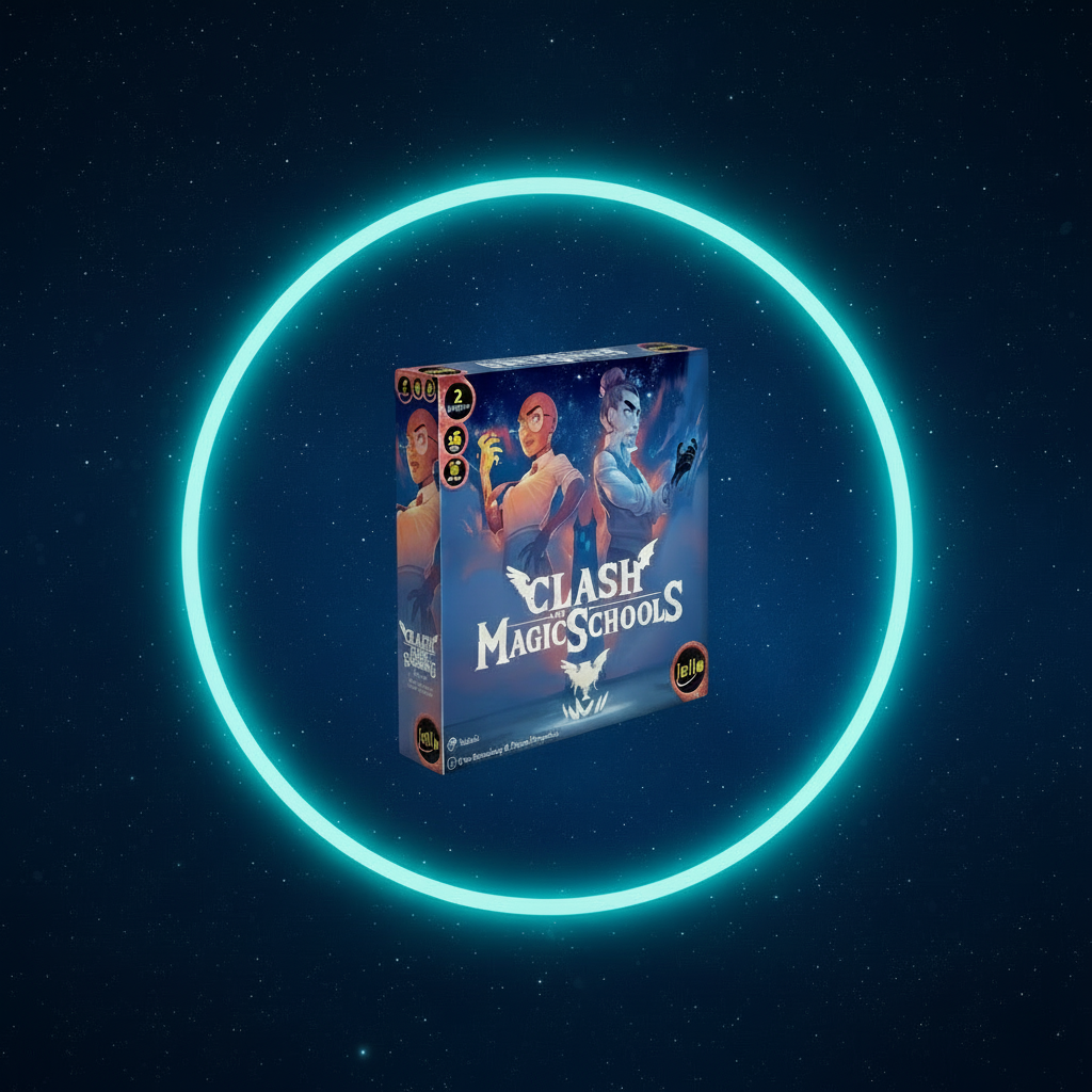 Board game box titled 'Clash Magic Schools' with a glowing blue circle around it on a dark background.