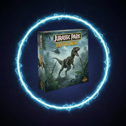Jurassic Park: Raptor Hunt game box with raptors and rangers artwork.