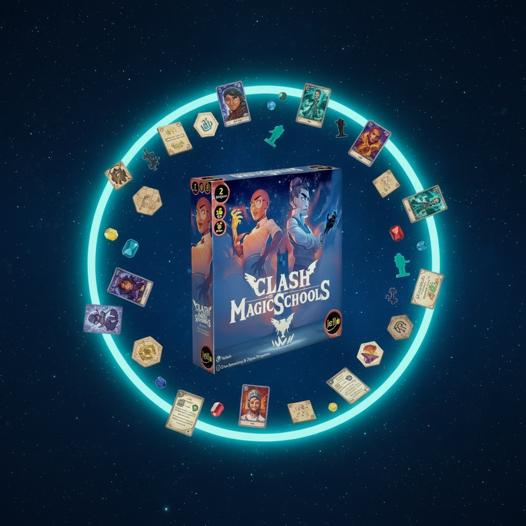 Board game box titled 'Clash Magic Schools' surrounded by cards on a dark space-themed background