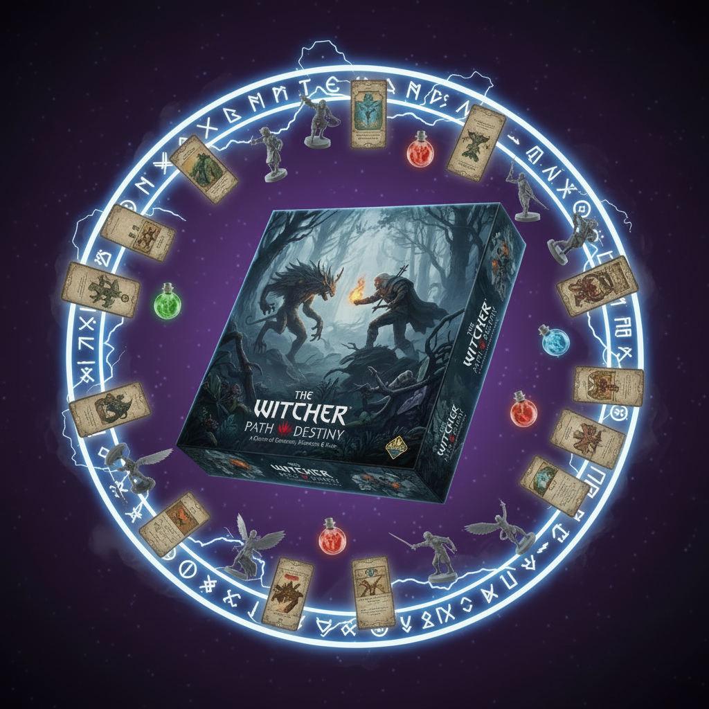 Board game box for 'The Witcher: Path of Destiny' surrounded by decorative elements on a dark background.