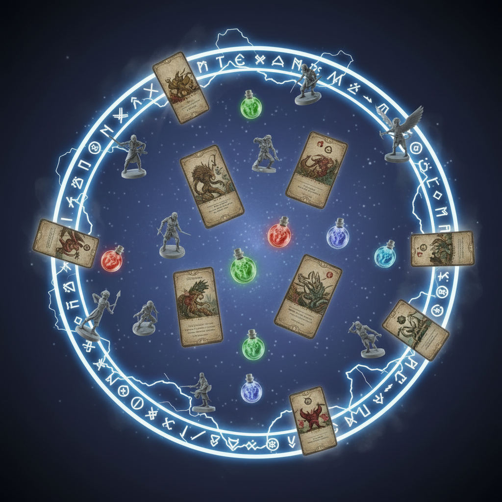 Circular arrangement of game cards, figurines, and potions with glowing blue border on a starry night sky background.