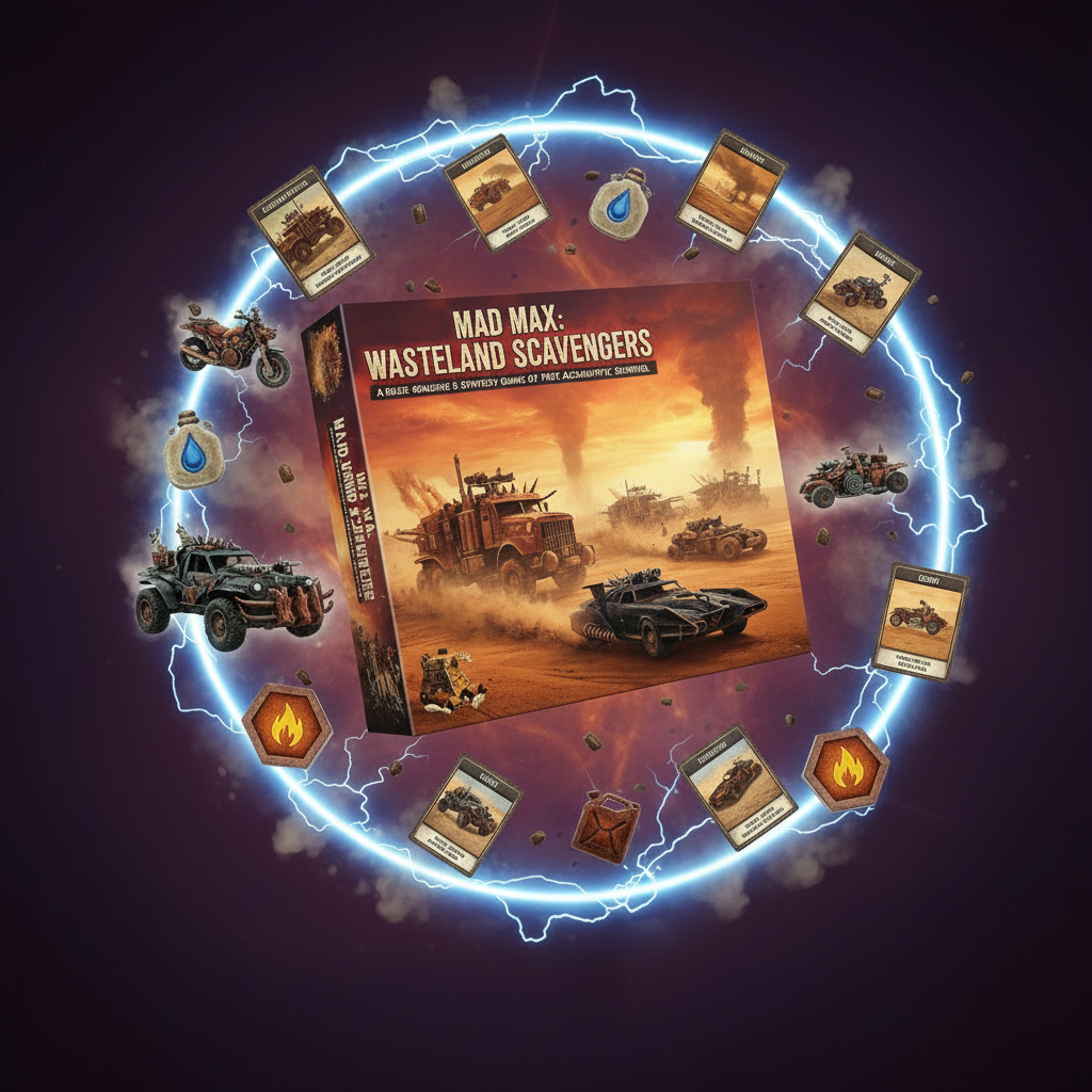 Faction decks, wasteland tiles and vehicle boards on the table.