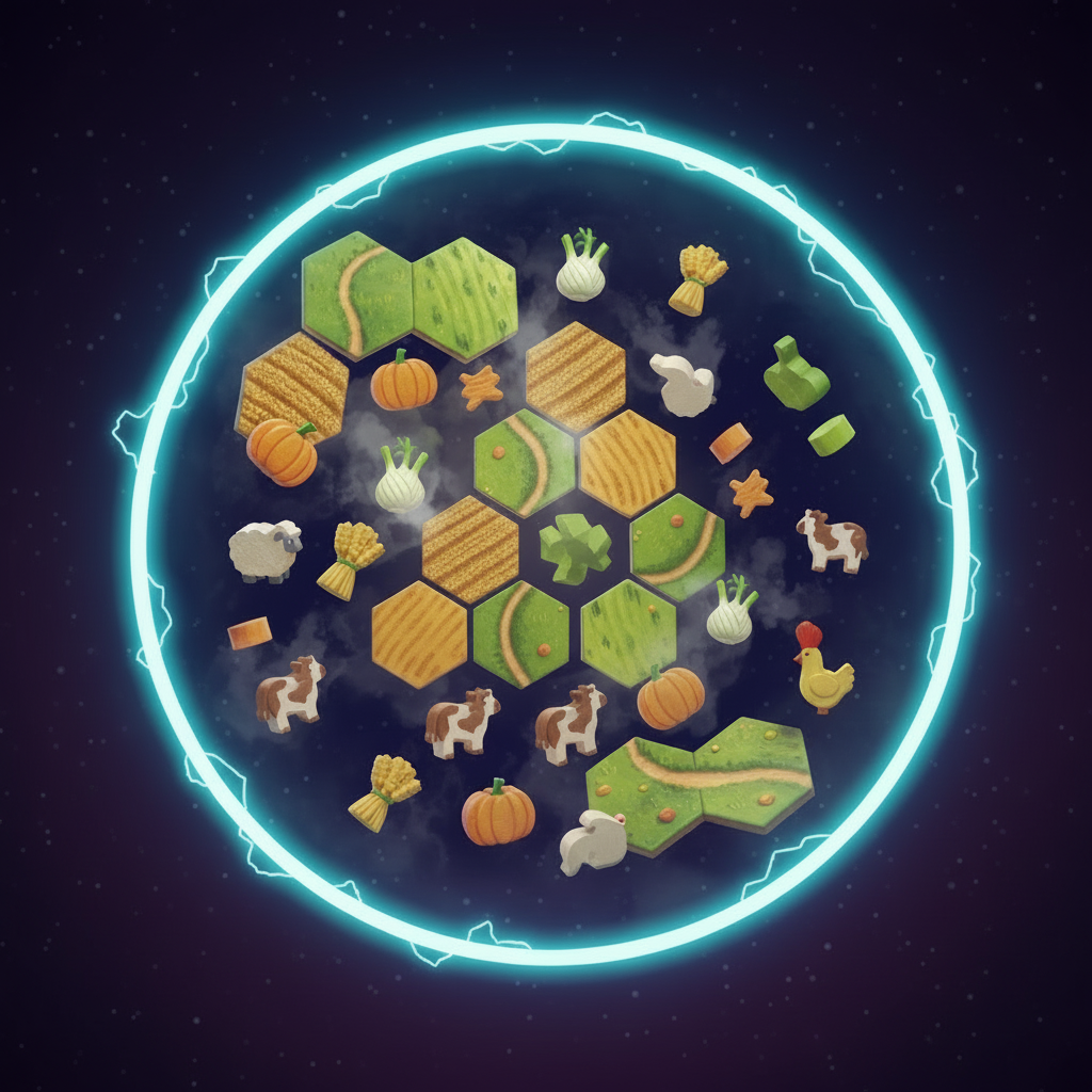 Circular arrangement of game pieces for 'Farmers of Fennel Fields' on a dark background with glowing outline.
