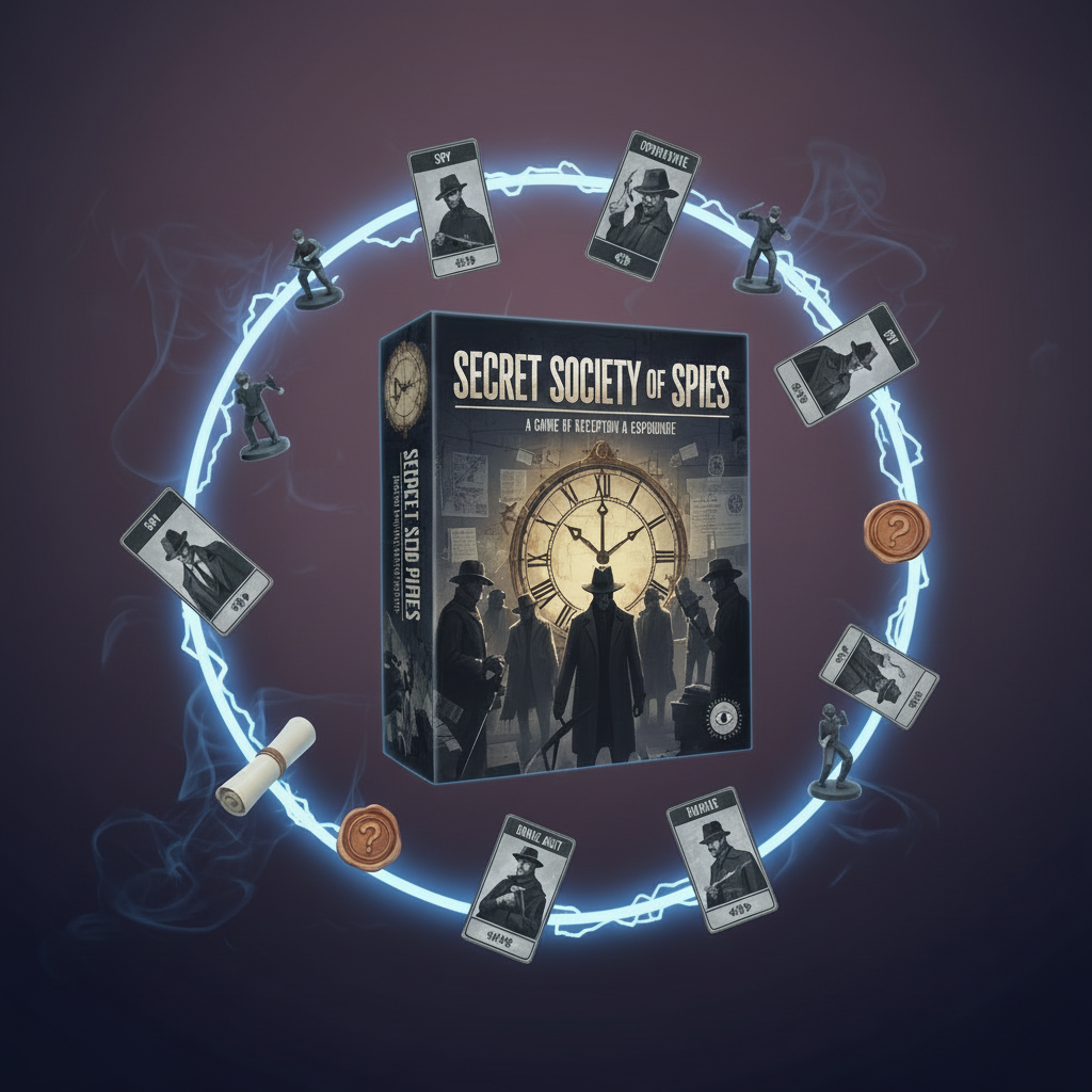 Secret Society of Spies game box with cards and figures on a dark background