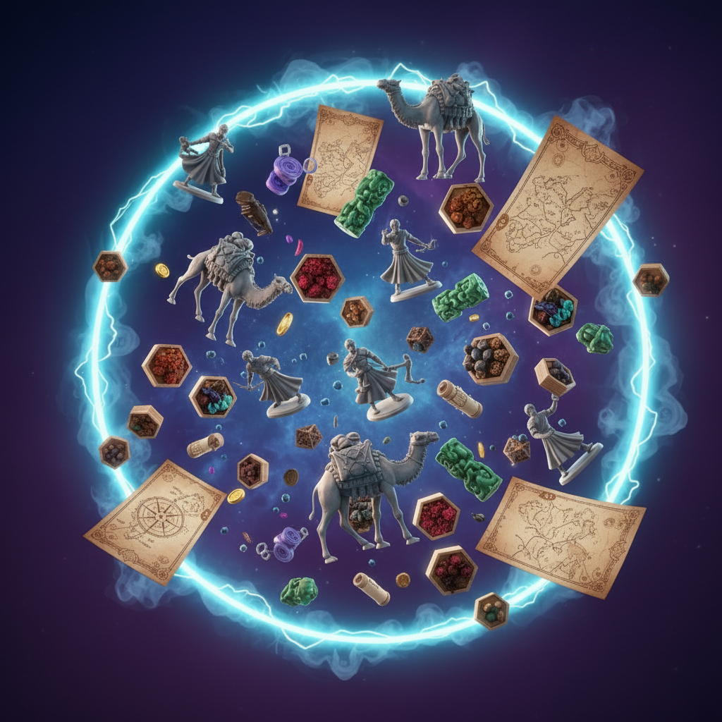 Board game pieces and components for 'The Silk Road Traders' game on a dark background with glowing blue circle.