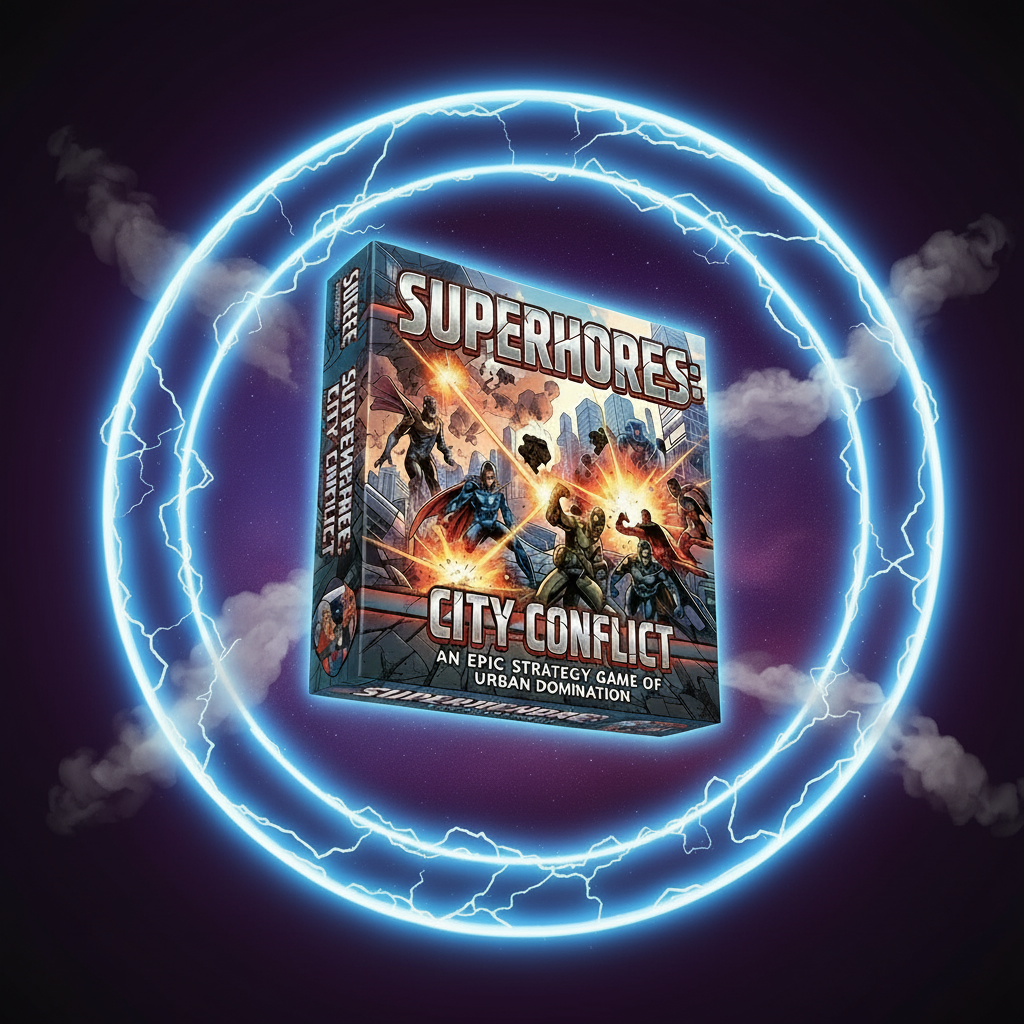 superheroes, villains, territory control, comic universe, asymmetric powers, city map, tactical battles, 2–5 players, premium board game, City Conflict