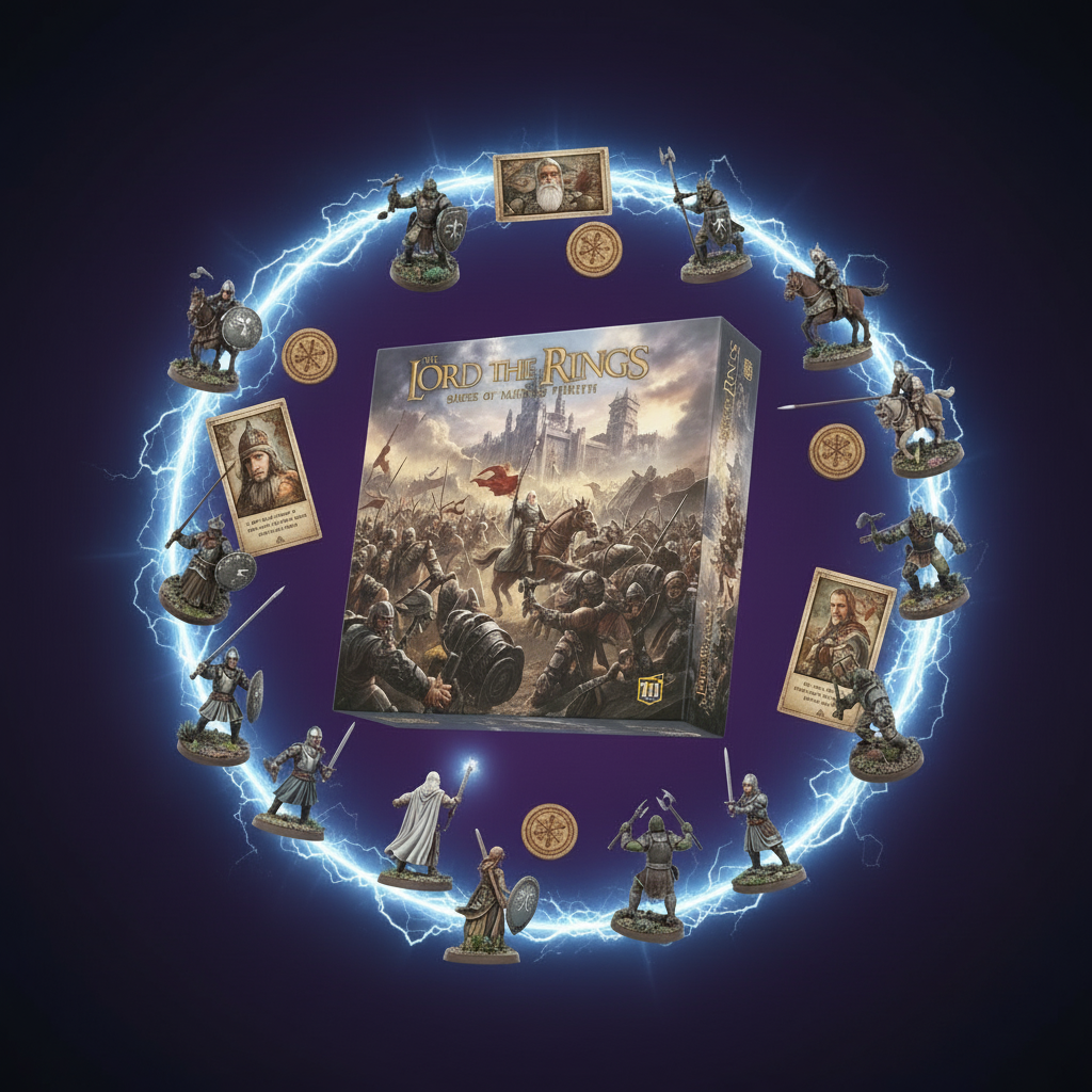 Multi-level Minas Tirith board, army tokens and siege engines.