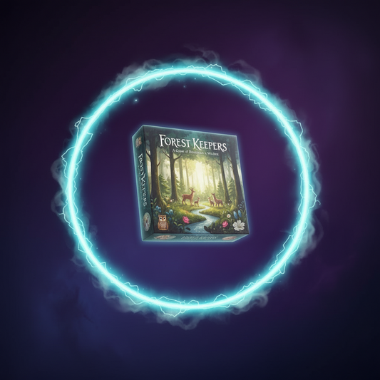 Forest Keepers eco strategy board game box with tranquil forest artwork