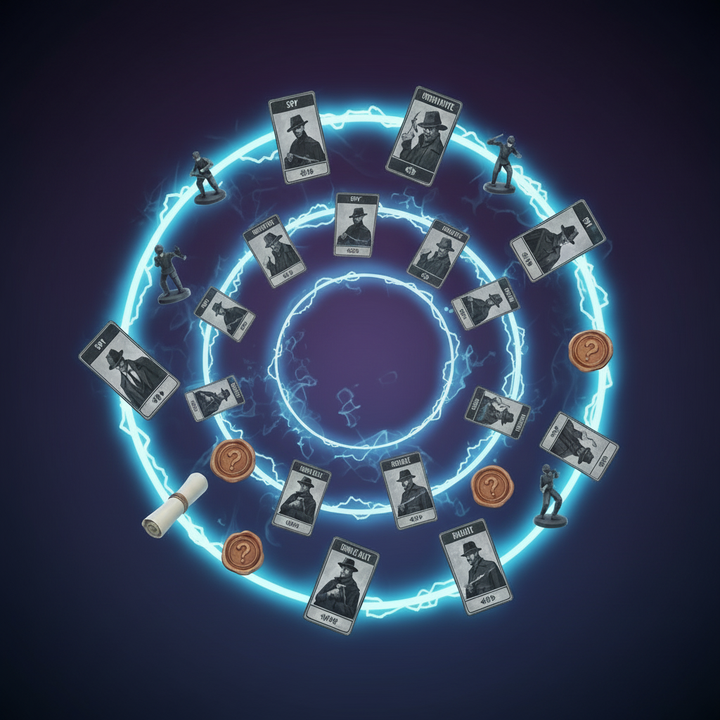 Role cards, mission sheets and cipher cards from Secret Society of Spies