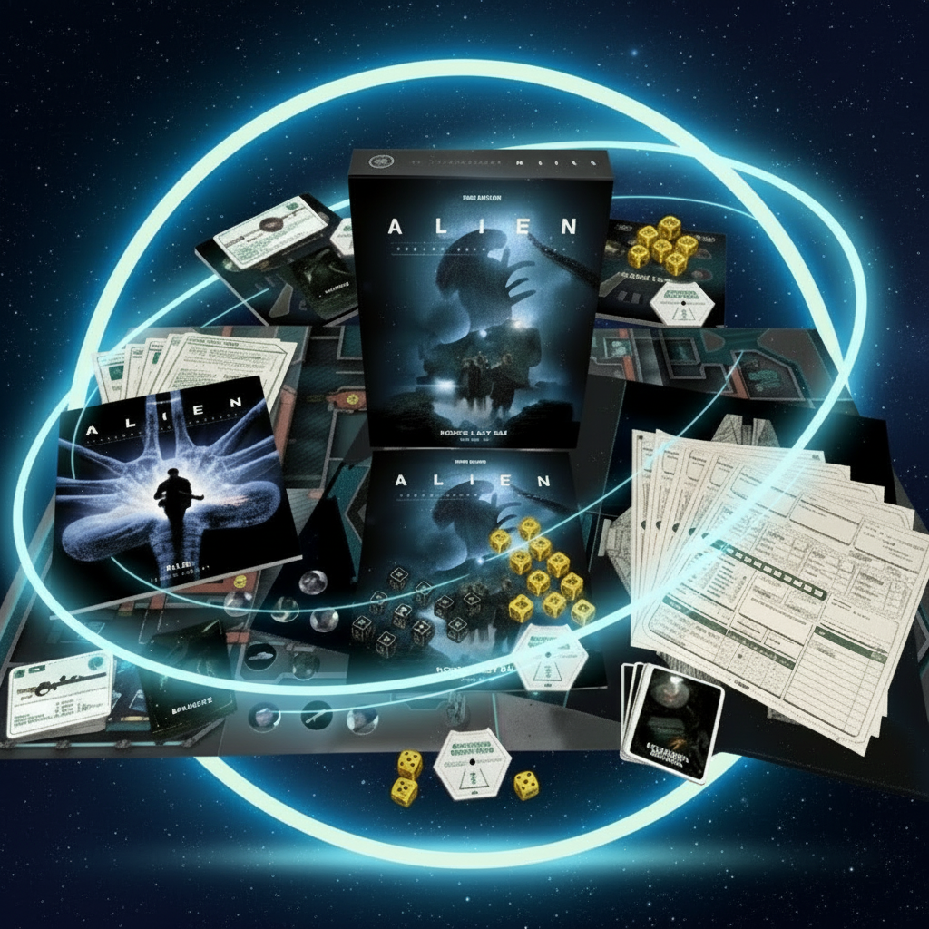 Box contents: dice, Xenomorph miniature, maps, sheets, and cards neatly arranged