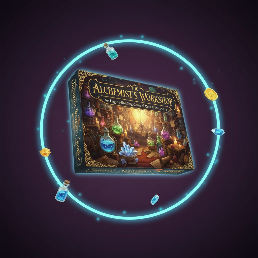 The Alchemist’s Workshop board game box with glowing arcane alchemy artwork