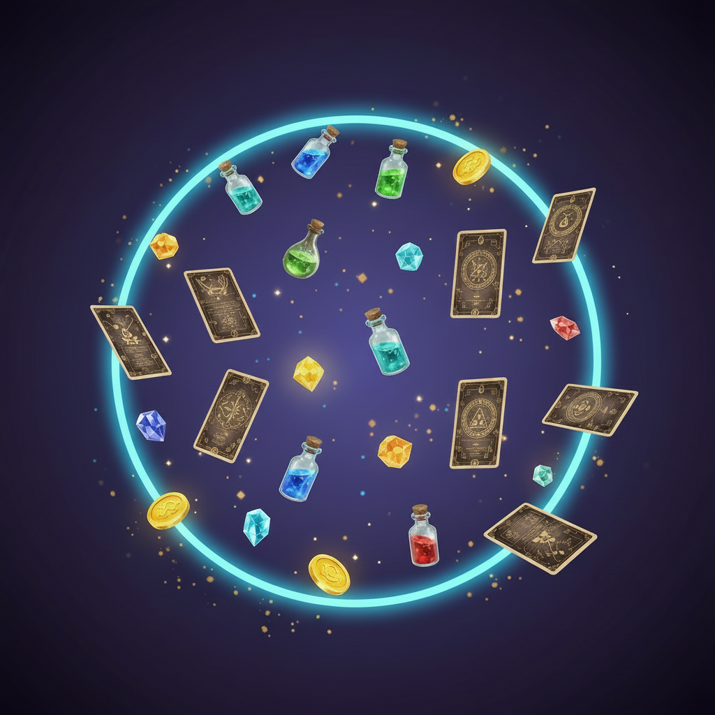 Essence tokens, catalysts and formula cards from The Alchemist’s Workshop.