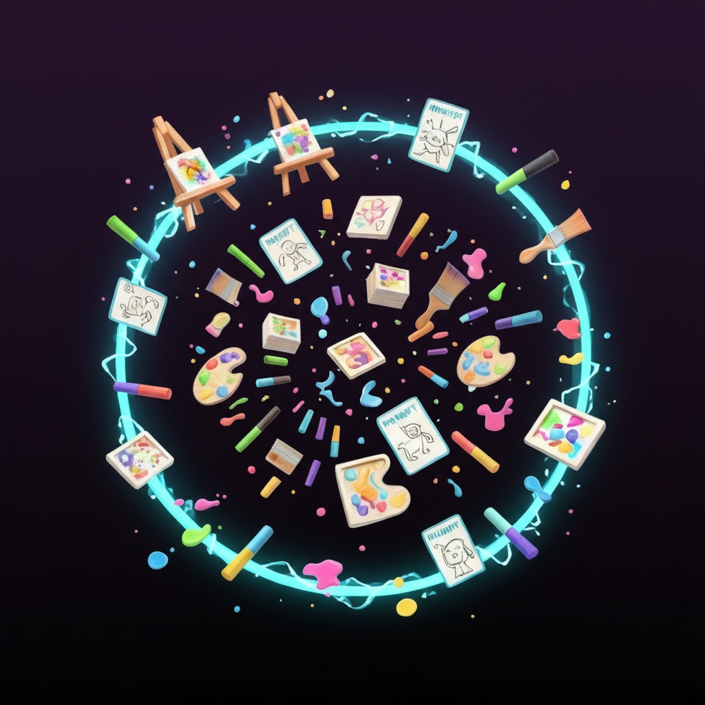Colorful art supplies arranged in a circular pattern on a dark background with 'Canvas Chaos' branding.