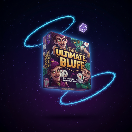 The Ultimate Bluff party game box with cartoon bluffers, cards, dice and chips.”