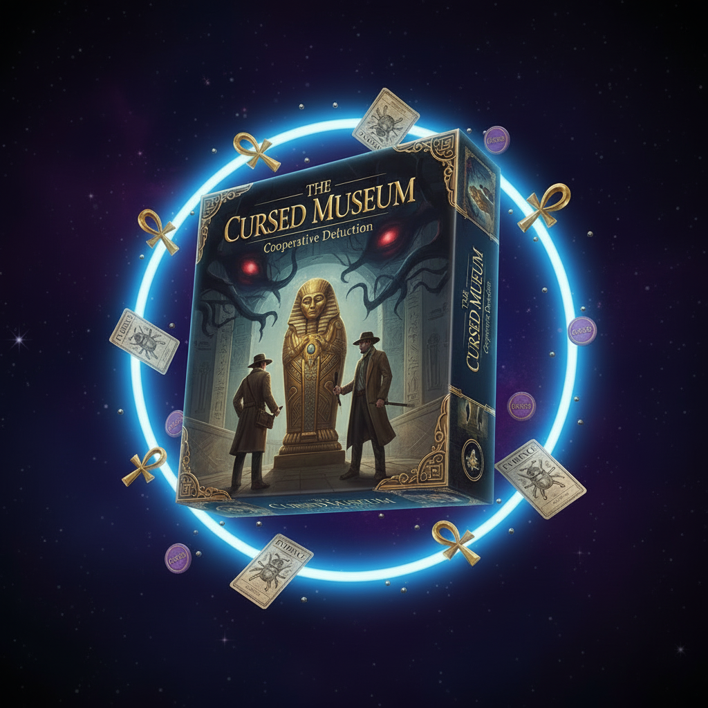 The Cursed Museum board game box with eerie museum artwork.