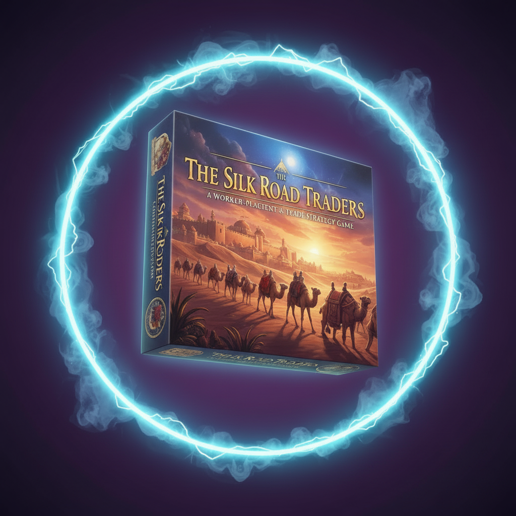 The Silk Road Traders board game box with caravans and desert city artwork