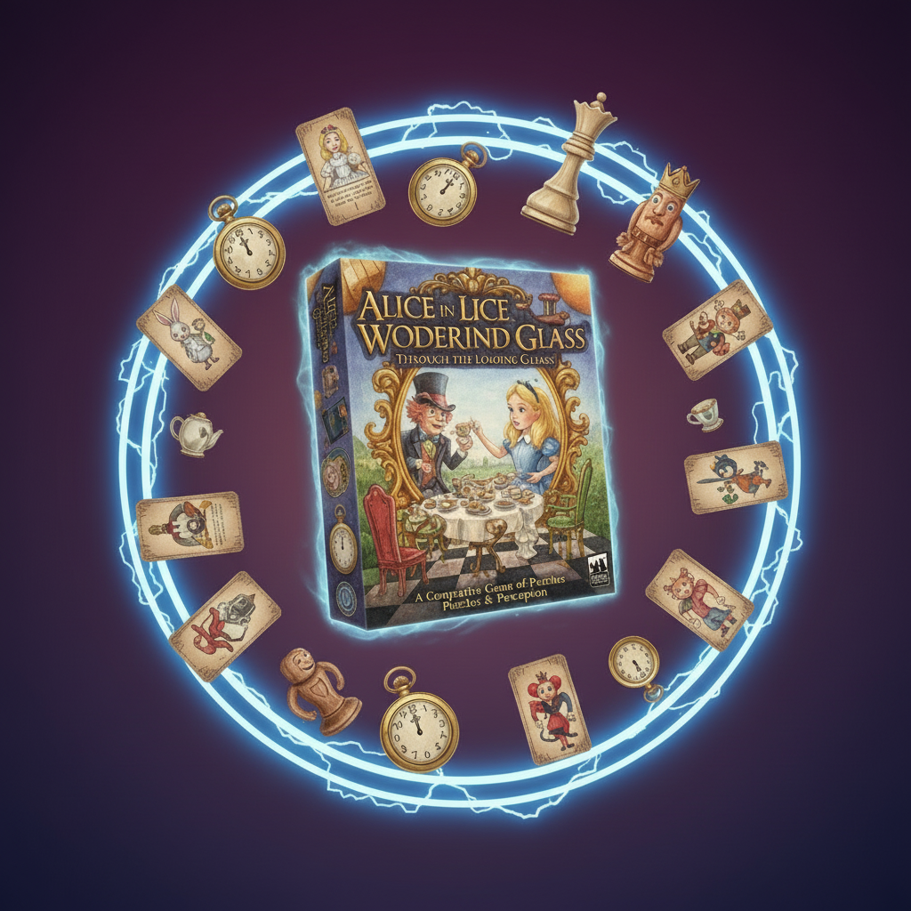 Double-sided tiles, character tokens and puzzle cards laid out on the table
