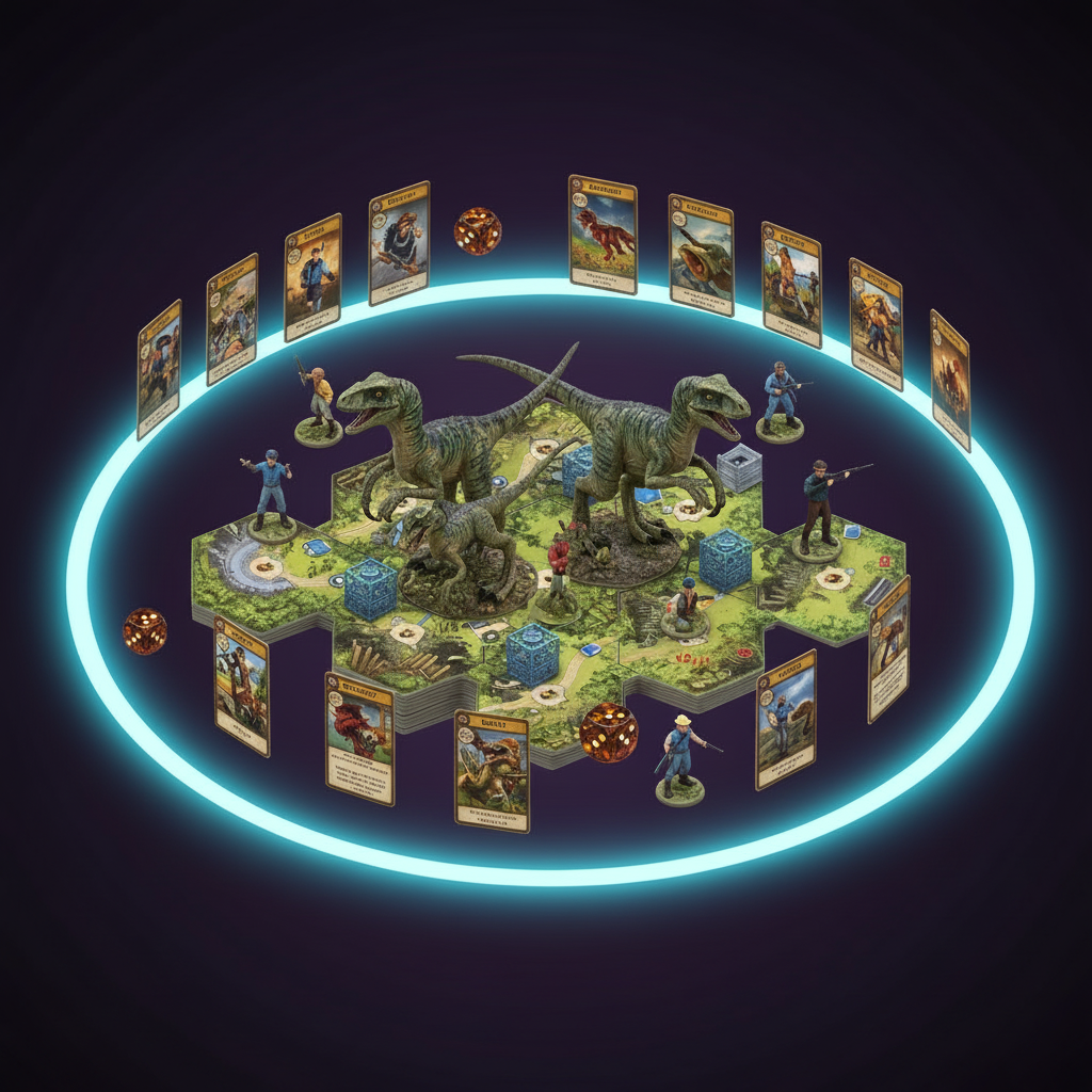 Players repairing systems and tracking velociraptors during a mission.