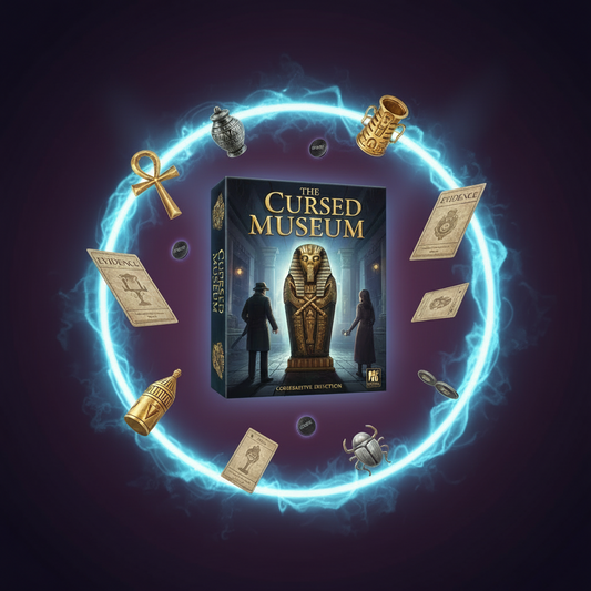 Room tiles, artifact cards and clue tokens from The Cursed Museum.
