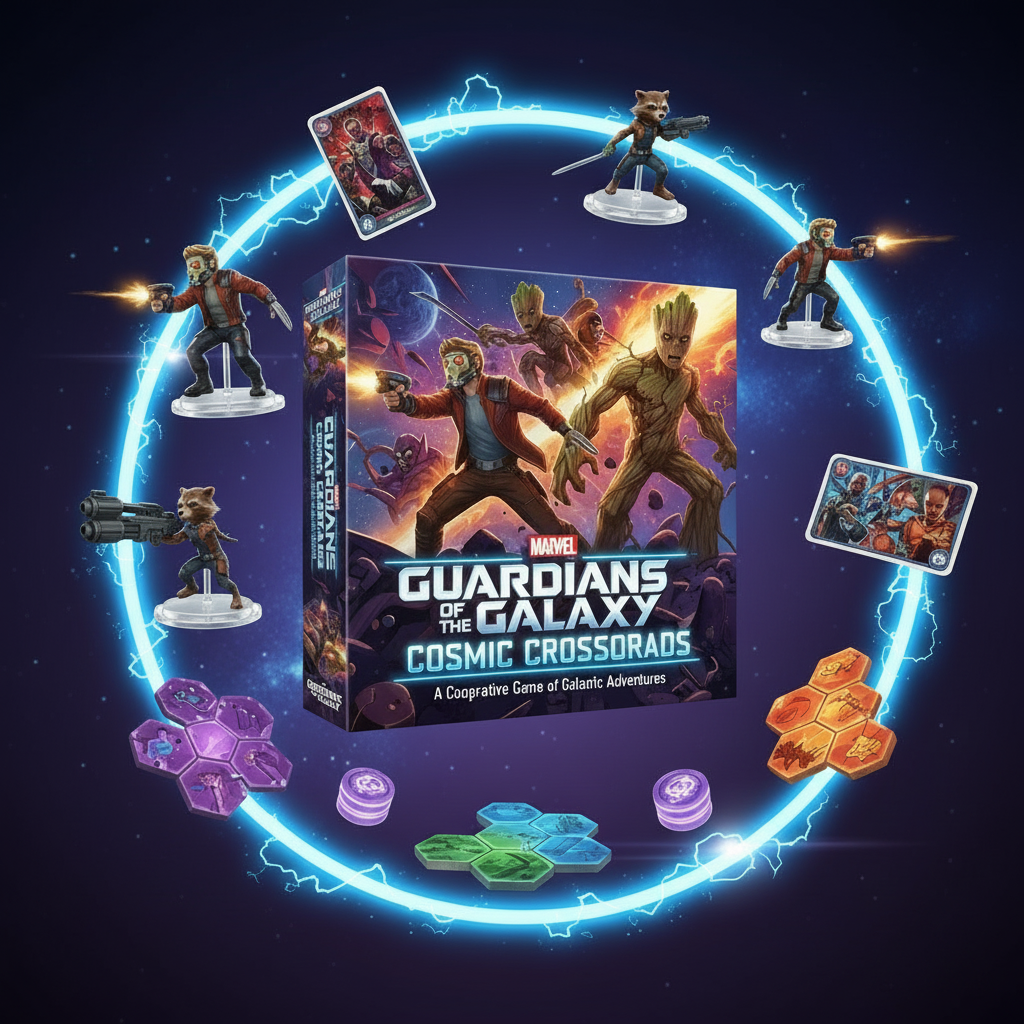 Modular sector tiles, hero boards and villain standees on the table