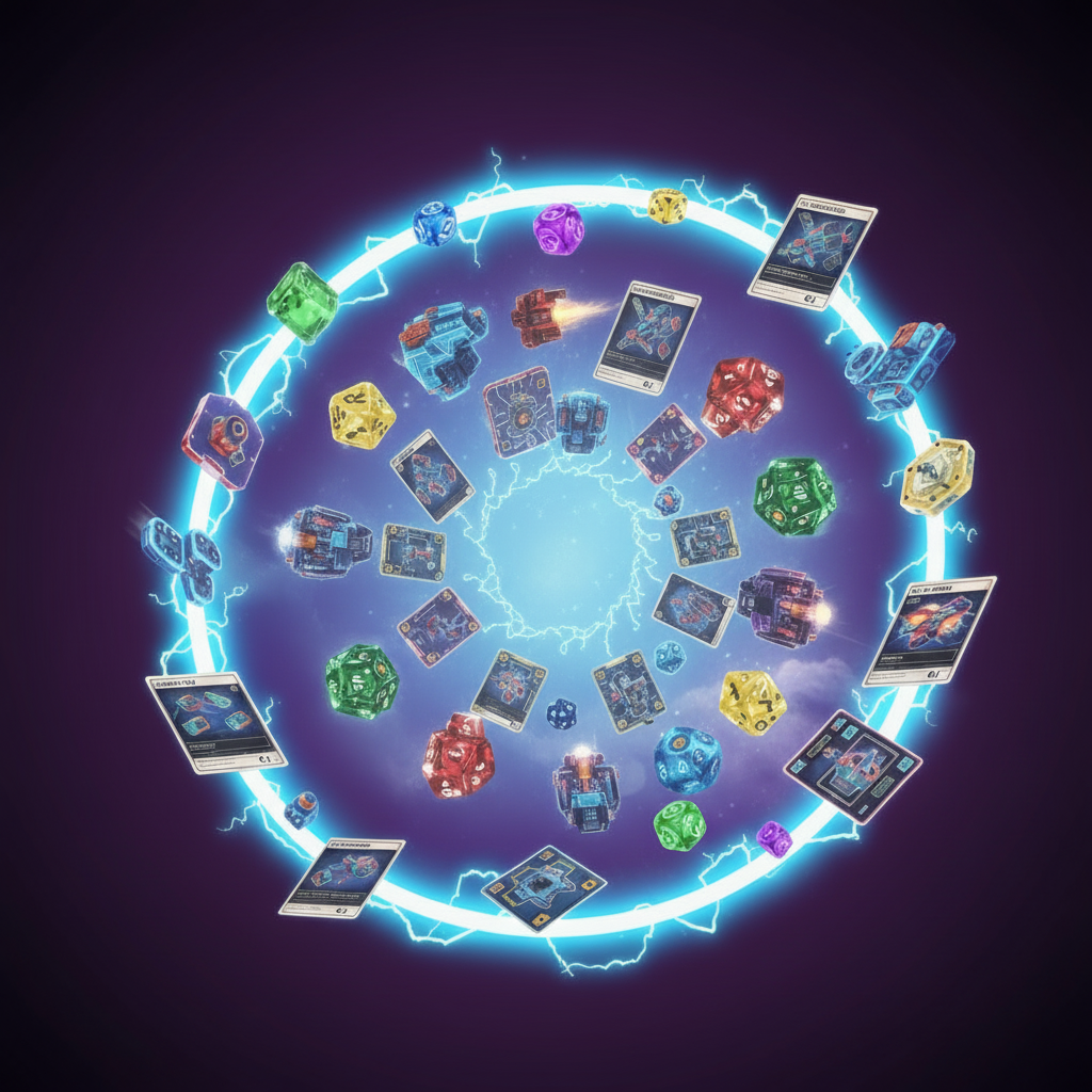 Circular arrangement of game cards and dice on a dark space-themed background