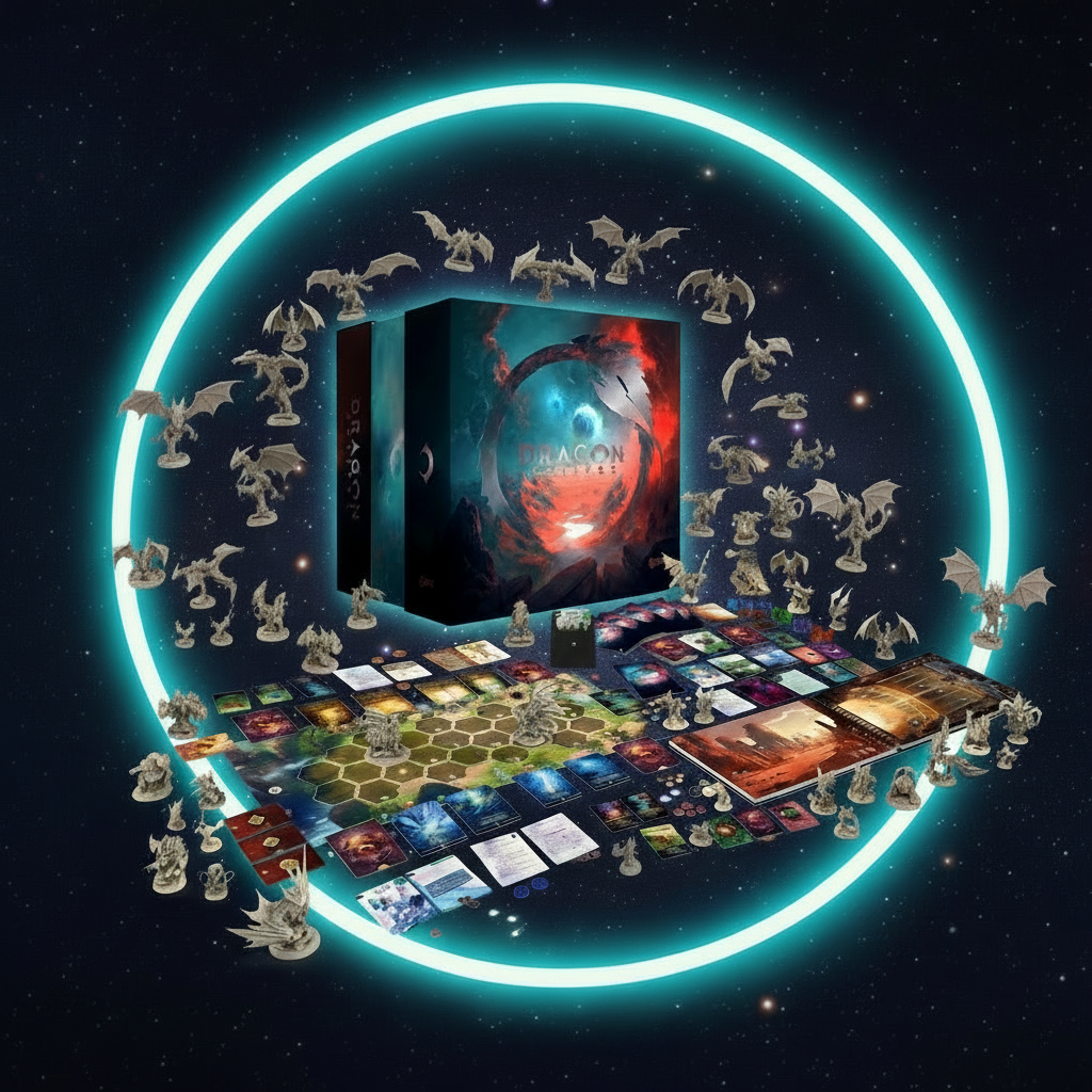 Dragon Eclipse board game content laid out: miniatures, cards, tokens, rulebooks and components.