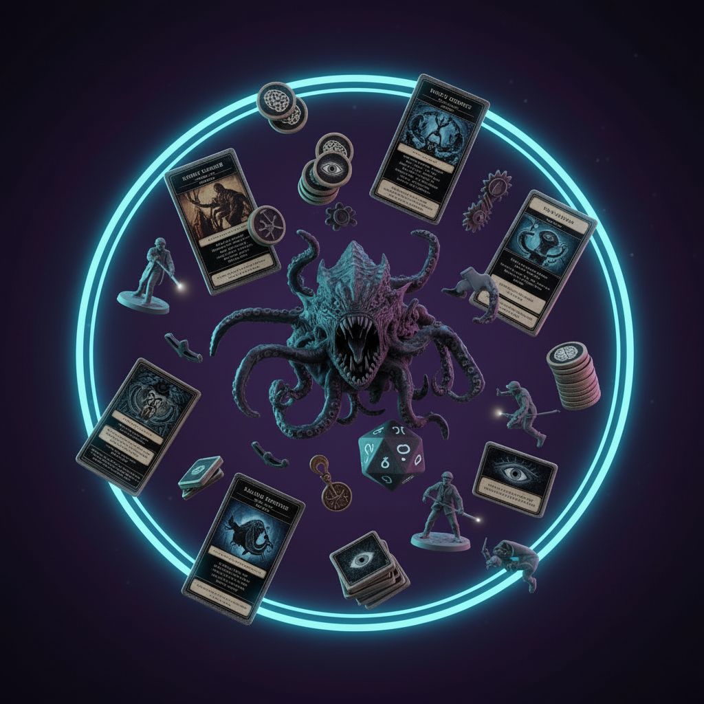 Modular sci-fi tiles, hazard tokens and creature cards from Cosmic Dread.