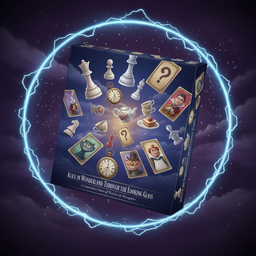 Alice in Wonderland: Through the Looking Glass puzzle game box with whimsical mirror-world artwork.