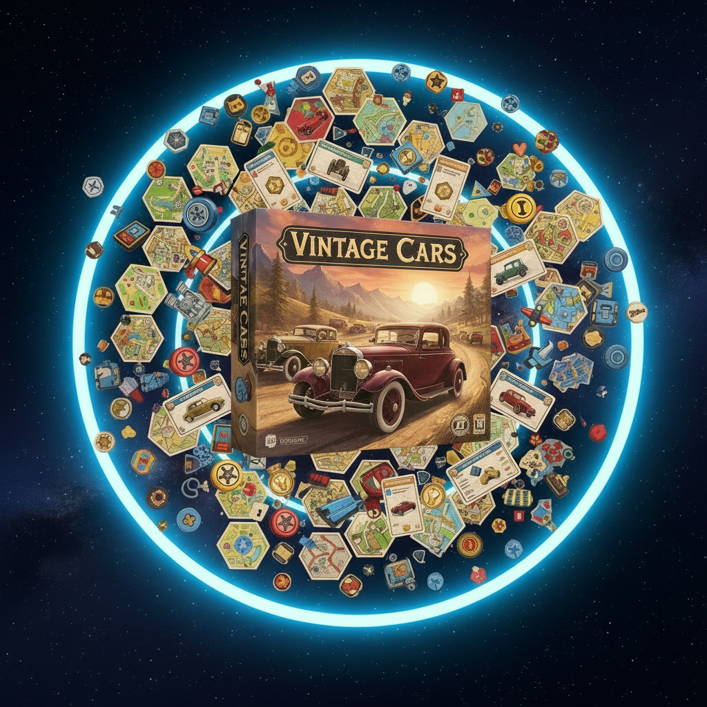 Car part tokens, vintage car cards and contract decks laid out for play.