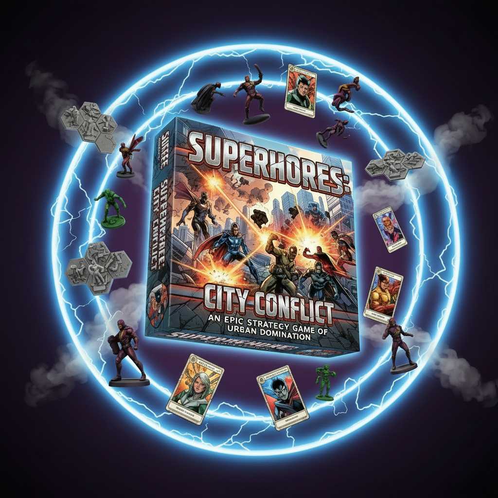 Modular city map, hero standees and district tiles