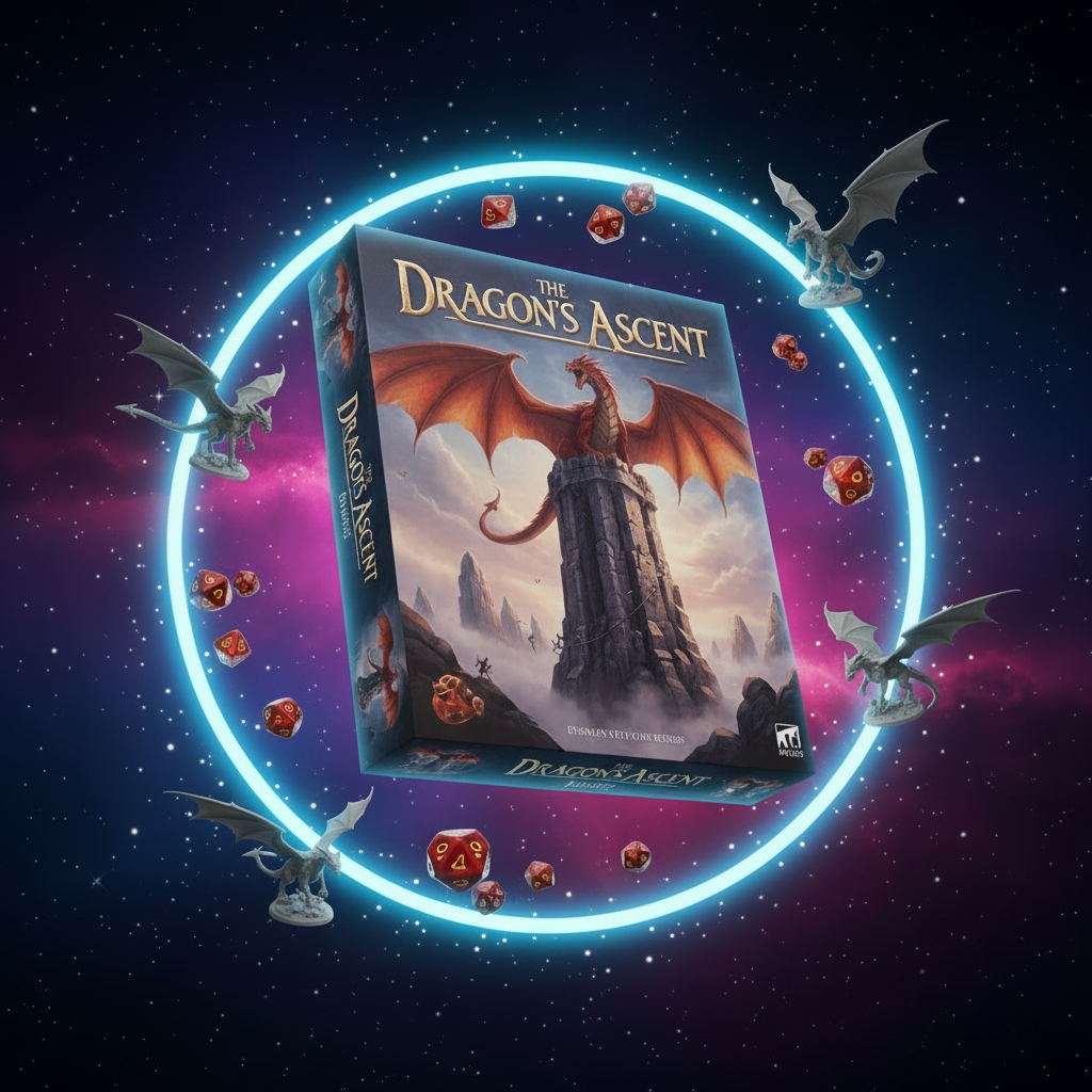 The Dragon’s Ascent board game box with fantasy dragon tower artwork