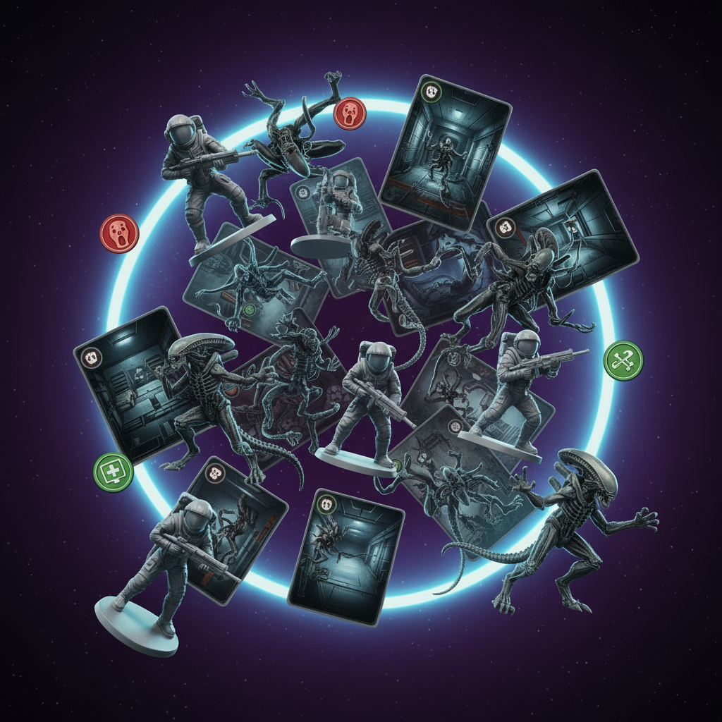Game components for 'The Alien: Hive Protocol' including figures and cards on a dark background with glowing blue circle.