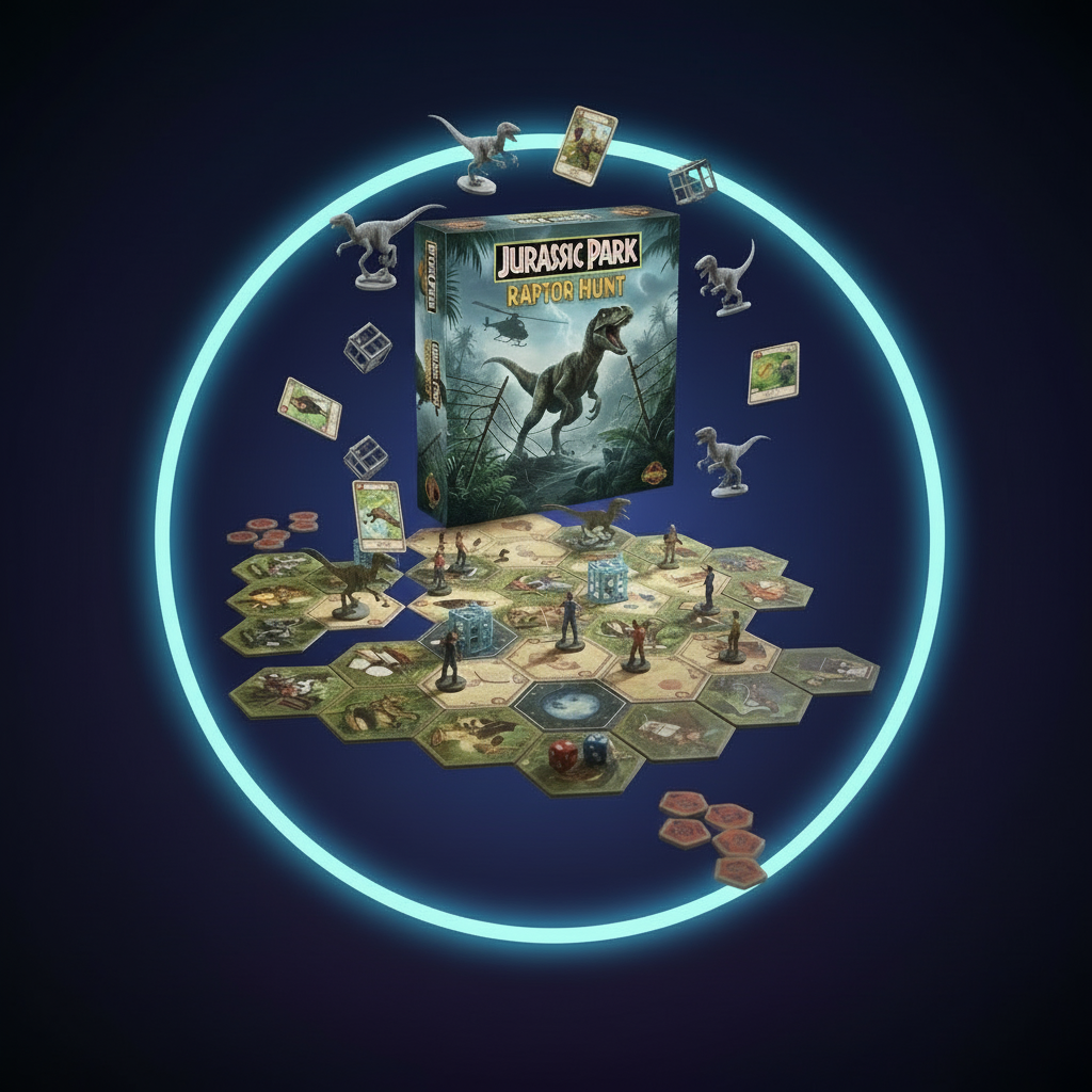Modular Isla Nublar tiles, raptor miniatures and legacy card packs on the table