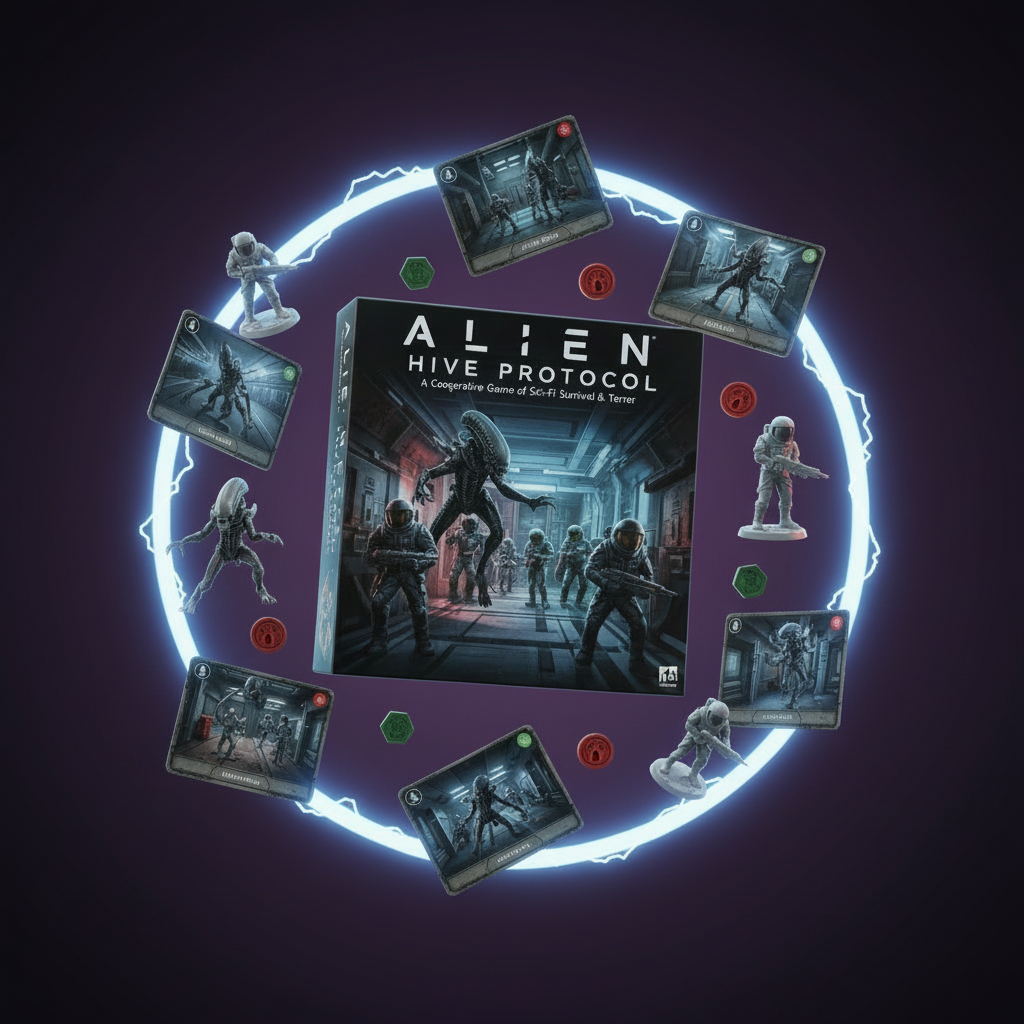 Board game titled 'Alien Hive Protocol' with game pieces and cards on a dark space-themed background.