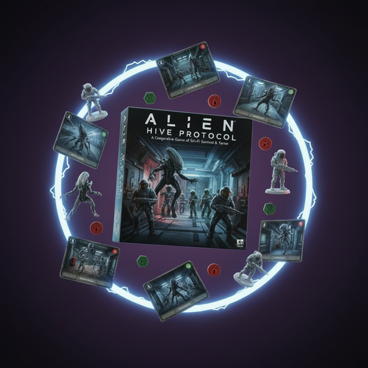Board game titled 'Alien Hive Protocol' with game pieces and cards on a dark space-themed background.