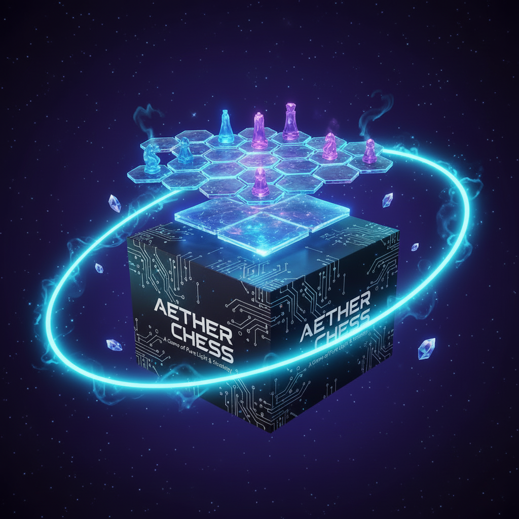 “Aether Chess abstract strategy board with cosmic-themed pieces.